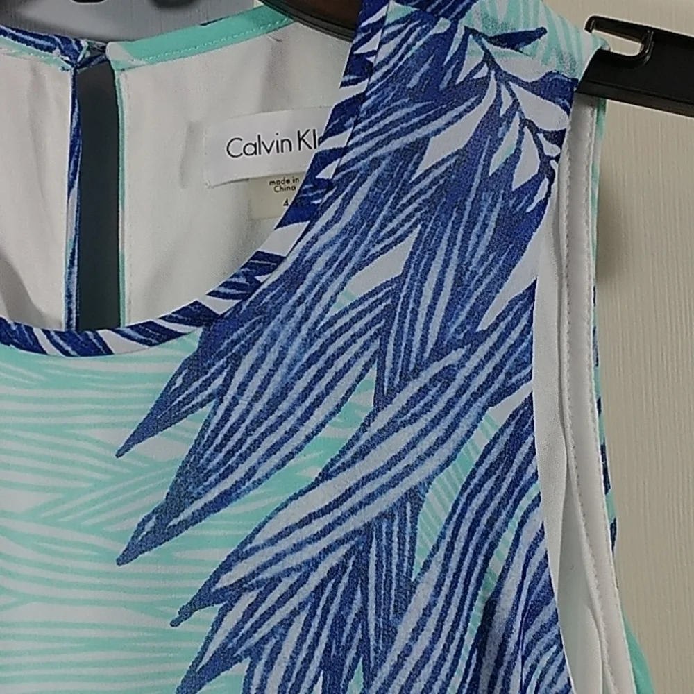 Calvin Klein Sleeveless Trapeze Dress Blue Palm Print Sz 4 - Picture 8 of 15